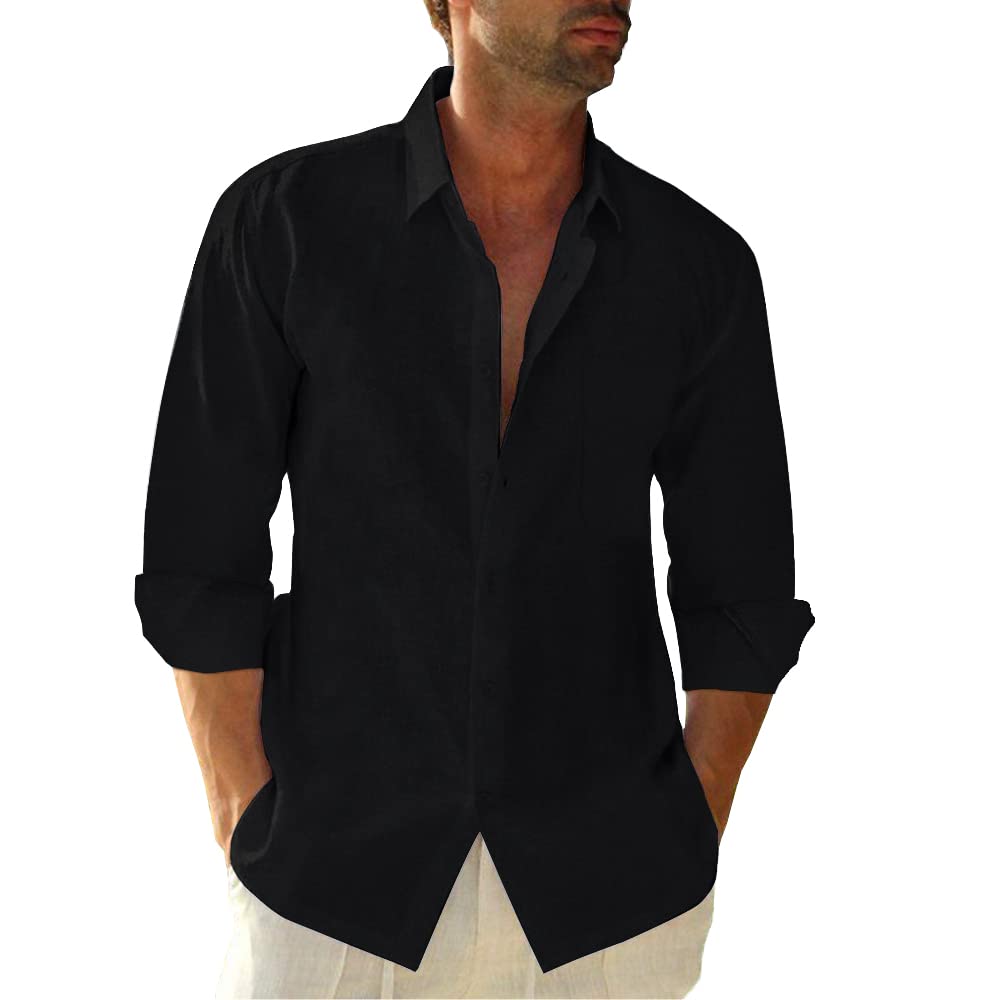 Button Down Linen Shirts for Men Casual Long Sleeve Regular Fit Cotton Beach Shirts with Pocket
